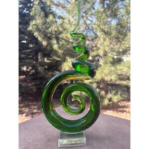 Murano Style Glass Green Swirled Corkscrew Sculpture  12" Acrylic Base